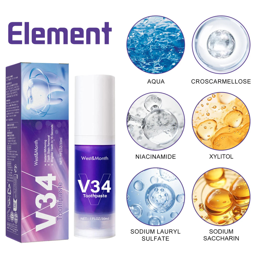 Purple Whitening Toothpaste Teeth Yellowing Color Correction Protects Gums & Freshens Breath Oral Care Pump-Style for Daily Use