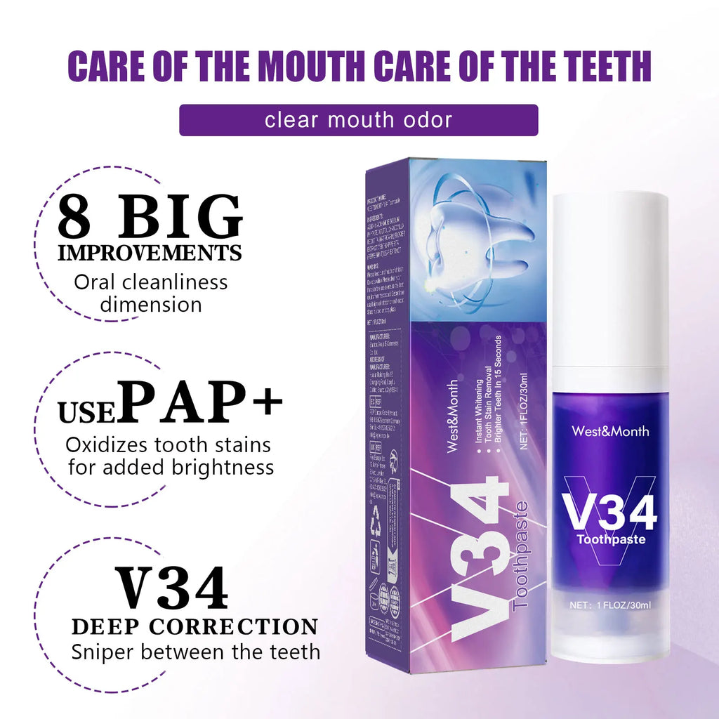 Purple Whitening Toothpaste Teeth Yellowing Color Correction Protects Gums & Freshens Breath Oral Care Pump-Style for Daily Use